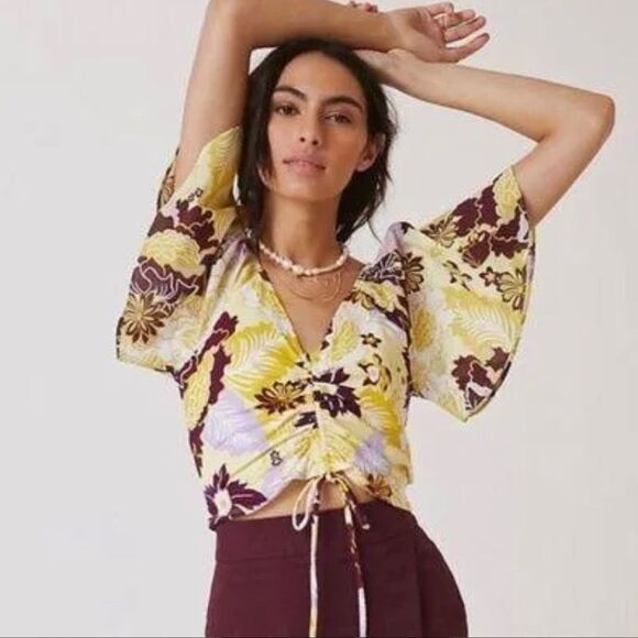 Anthropologie Maeve Floral Cinched Flutter Sleeve Top. Size Small Petite… - Picture 1 of 14